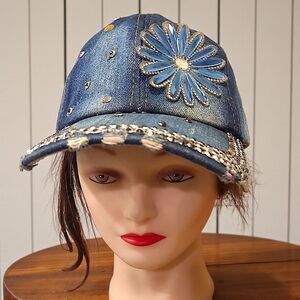 Rhinestone Flower - Studded Denim Strapback Baseball Cap